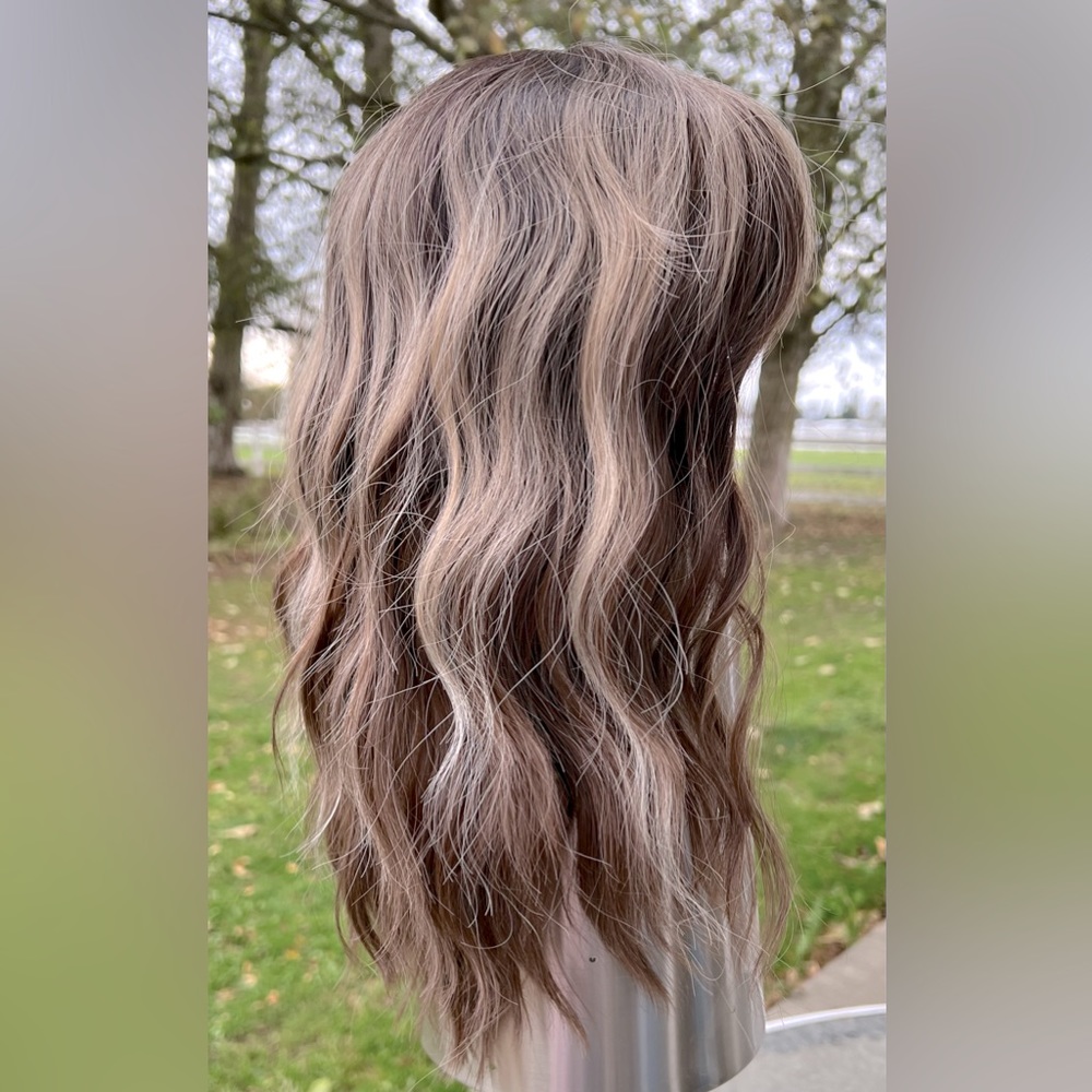 Realistic Cool Brown w/ Blonde Balayage Wavy w/ Fringe 14” Synthetic Wig